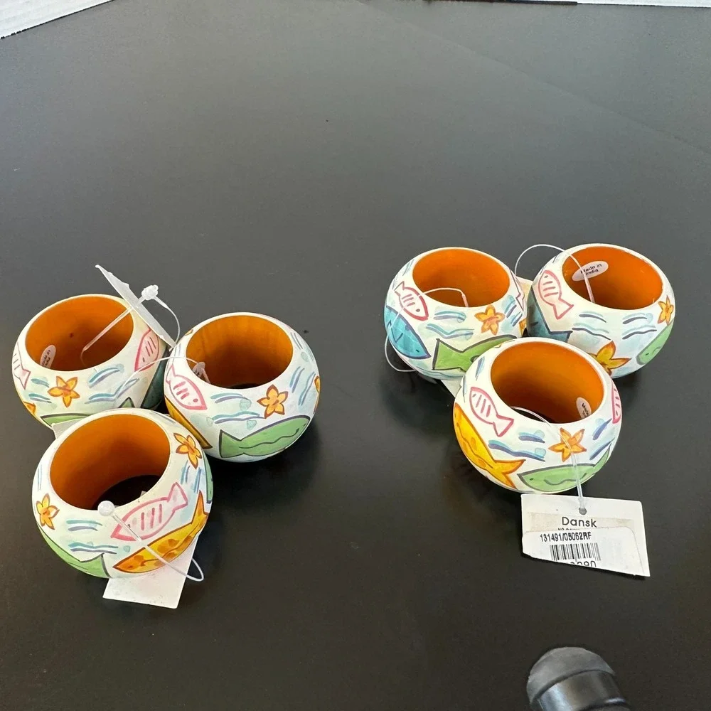 6X Dansk Napkin Rings Fish Tropical Colorful Wood or Resin Painted NEW NWT